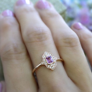 18K solid gold emerald cut pink sapphire and diamond art deco ring