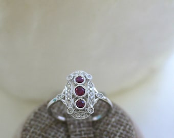 18K solid gold three round rubies and diamond art deco ring
