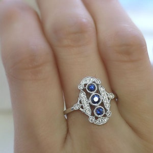 18K solid gold three round sapphires and diamond art deco ring