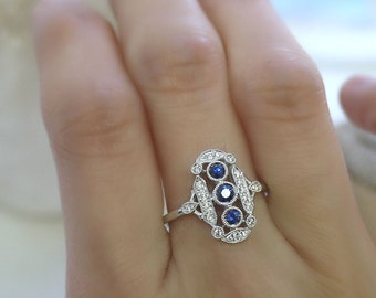 18K solid gold three round sapphires and diamond art deco ring