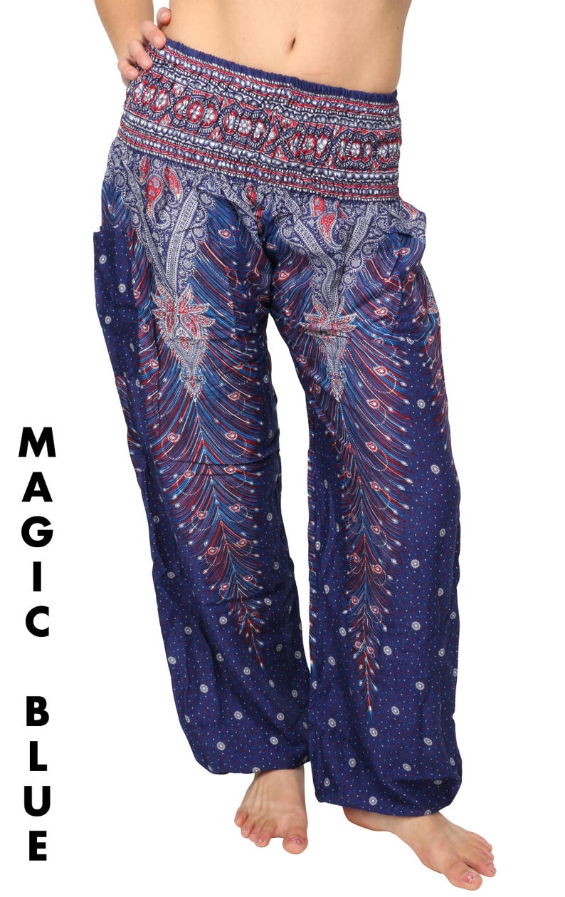 Peacock Harem Pants for Women in 8 Colors Thai Hippie Pants in Peacock Print Flowing Bohemian 