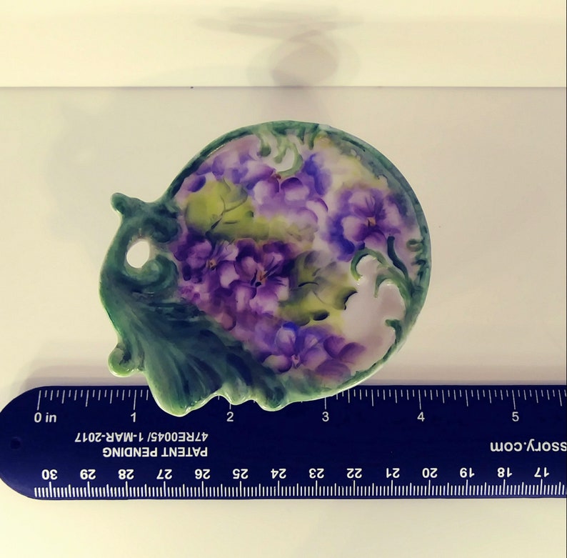 Porcelain Trinket Box Purple Floral Green Handpainted Artist Signed