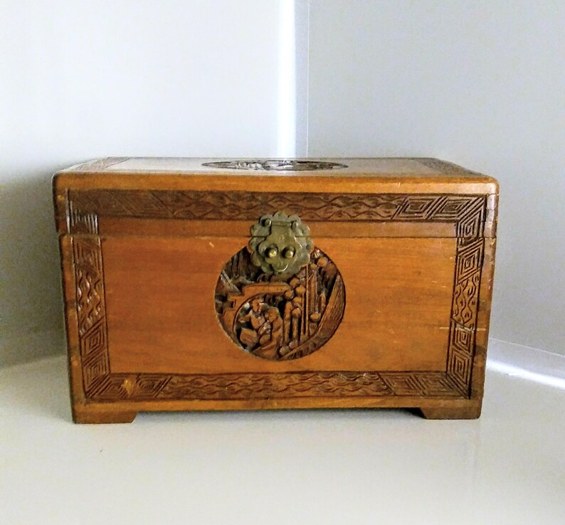 Hand Carved Wood Chest Box 14 Inch Oriental Chinese Image 0