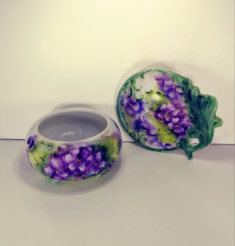 Porcelain Trinket Box Purple Floral Green Handpainted Artist Signed