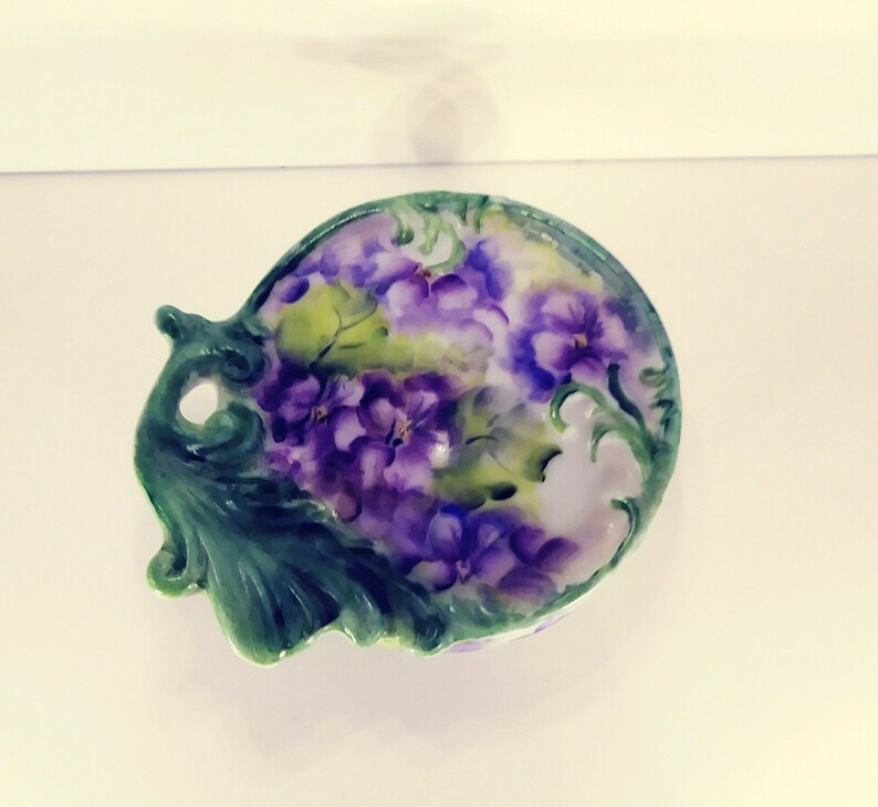 Porcelain Trinket Box Purple Floral Green Handpainted Artist Signed