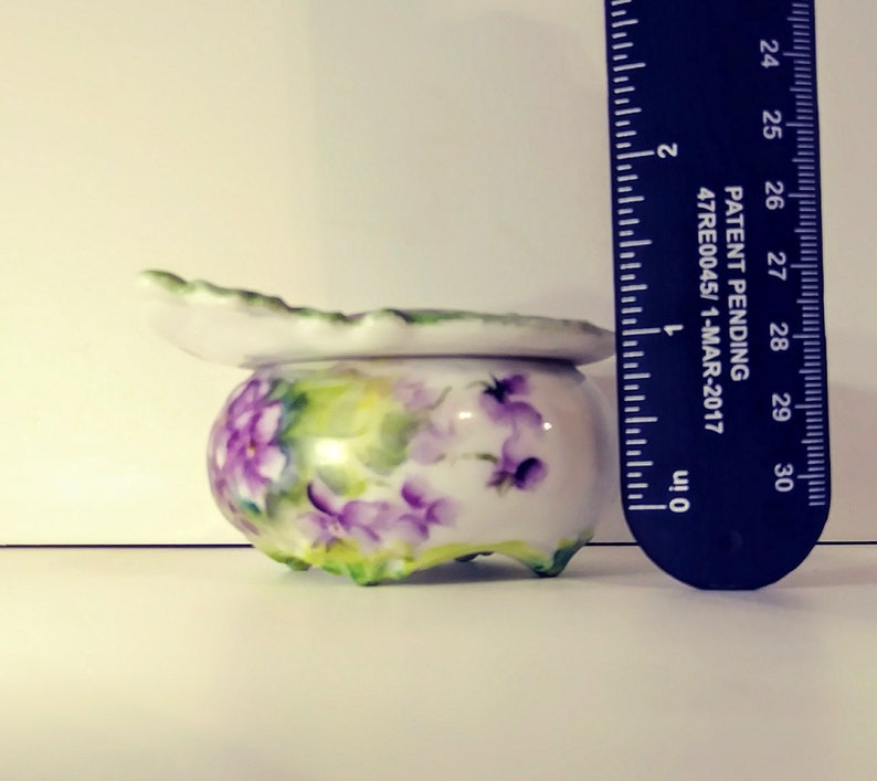 Porcelain Trinket Box Purple Floral Green Handpainted Artist Signed
