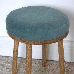 Solid Oak and Velvet dressing table stool with four turned legs, custom made timber stools with upholstered padded cushion and velvet fabric