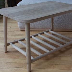 Handmade Solid Oak Coffee Table: Rounded Corners & Dowel Shelf