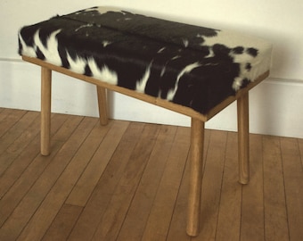 Custom Oak Footstool: Cowhide Upholstered, Handcrafted Design
