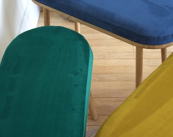 Handmade Solid Oak Bench: Recycled Velvet Upholstery, Turned Legs