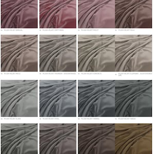 May include: A grid of sixteen fabric swatches featuring plush velvet in various colors including brinjal, dirty rose, violet, cola, mole, thunder, concrete, elephant, slate, steel, tarmac, hague, shadow, asphalt, cinder, and fennel with labels.