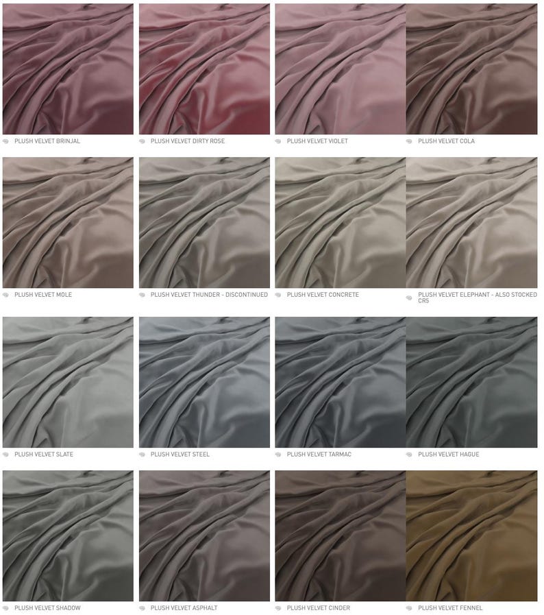 May include: A grid of sixteen fabric swatches featuring plush velvet in various colors including brinjal, dirty rose, violet, cola, mole, thunder, concrete, elephant, slate, steel, tarmac, hague, shadow, asphalt, cinder, and fennel with labels.