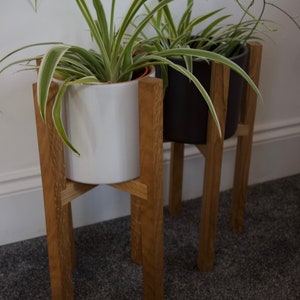 Handmade mid century inspired solid Oak plant pot holder, custom made mid century plant pot holder in solid European oak