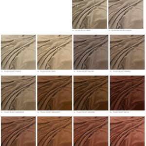 May include: A grid of plush velvet fabric swatches in various earth tones, including shades of beige, brown, tan, and rust. Each swatch is labeled with names like Bark, Mushroom, Pumice, Cafe, Fallow, Caribou, Cardamom, Gingernut, Cayenne, Maple, Kiln, Burnt, Apricot, and Brick.
