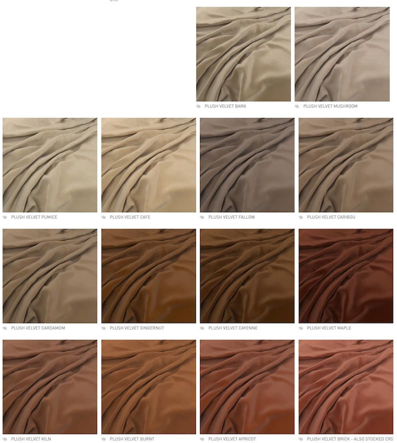 May include: A grid of plush velvet fabric swatches in various earth tones, including shades of beige, brown, tan, and rust. Each swatch is labeled with names like Bark, Mushroom, Pumice, Cafe, Fallow, Caribou, Cardamom, Gingernut, Cayenne, Maple, Kiln, Burnt, Apricot, and Brick.