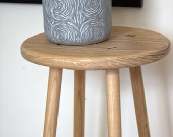 Custom handmade solid Ash round side table with four turned straight legs with round lower shelf Ash solid timber shelf finished in beeswax