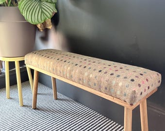 Handmade European Oak Milking Stool Upholstered Abraham Moon Spot Wool Padded Cushion