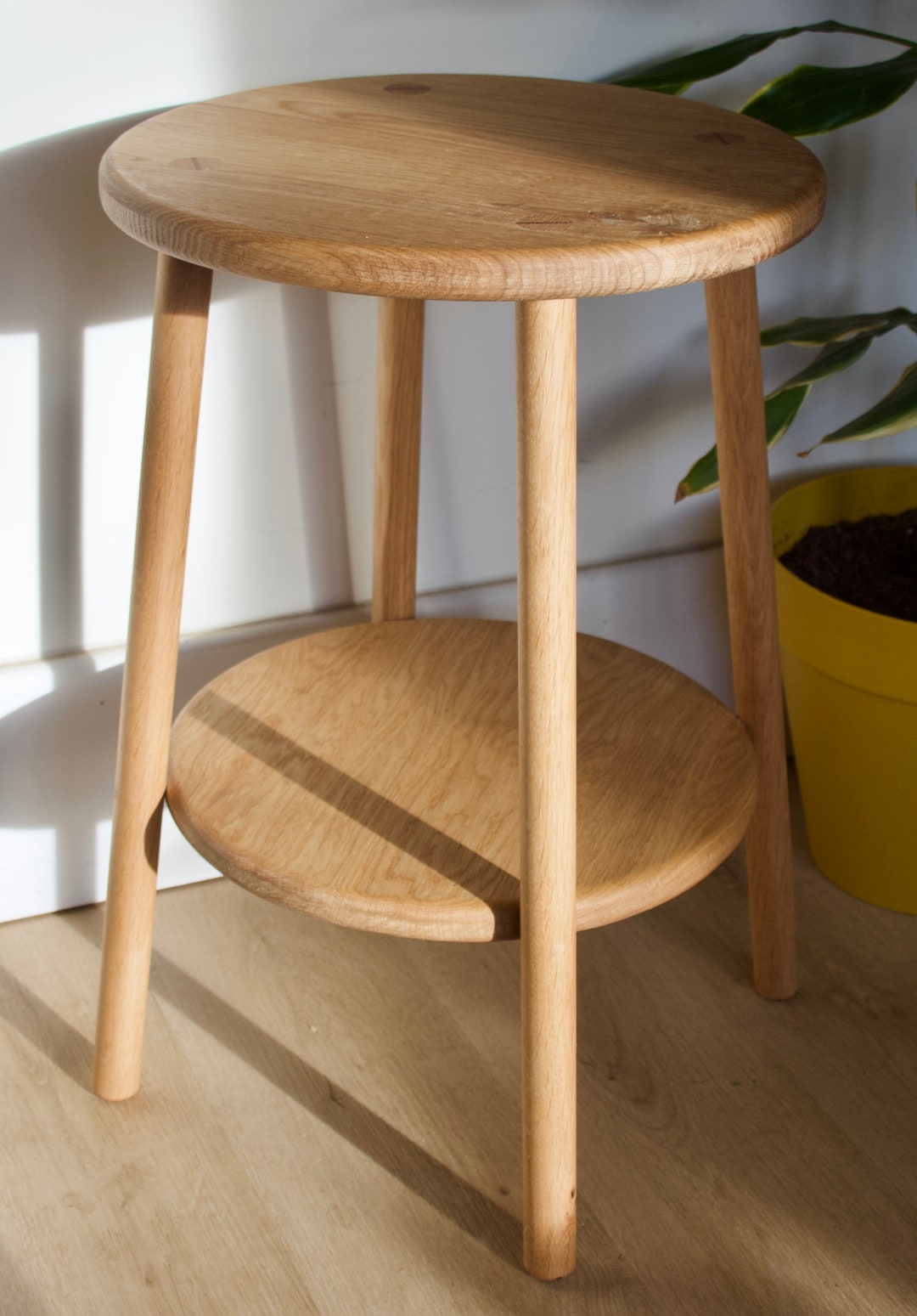 Custom Made Solid Oak Round Side Table With Four Turned Straight Legs