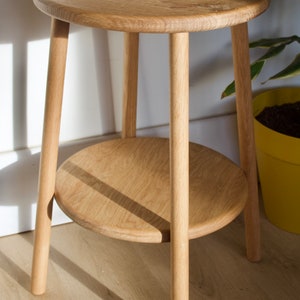 Handmade solid oak round side table with four turned straight legs with Oak shelf, Handmade hardwood round coffee table with shelf