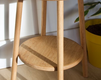 Handmade solid oak round side table with four turned straight legs with Oak shelf, Handmade hardwood round coffee table with shelf