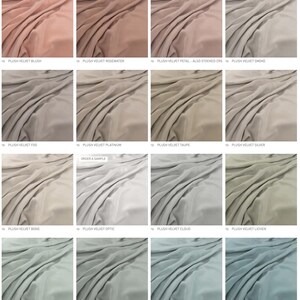 May include: A grid of sixteen fabric swatches featuring plush velvet in various colors including blush, rosewater, petal, smoke, fog, platinum, taupe, silver, bone, optic, cloud, lichen, fjord, french grey, sky, and airforce with text labels.