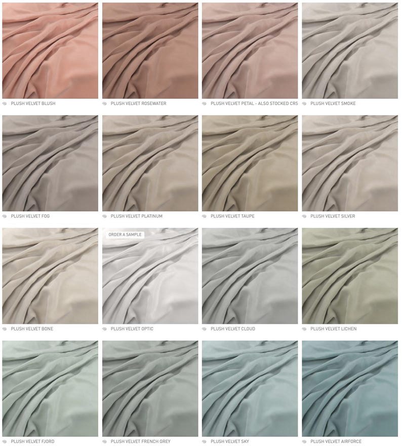 May include: A grid of sixteen fabric swatches featuring plush velvet in various colors including blush, rosewater, petal, smoke, fog, platinum, taupe, silver, bone, optic, cloud, lichen, fjord, french grey, sky, and airforce with text labels.