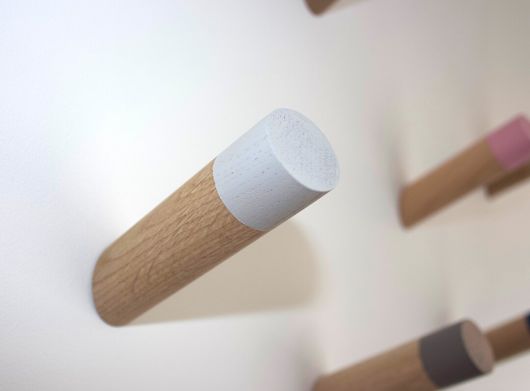 Solid Oak Peg Coat Hooks With Hand Painted Ends, Hardwood Wall Mounted