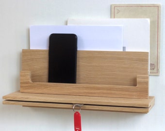 Handmade Solid Oak Wall Organizer: Key Holder, Letter Rack & Shelf