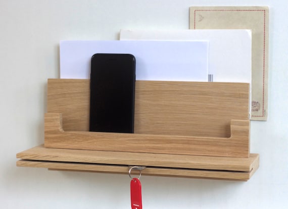 Handmade Solid Oak Wall Organizer: Key Holder, Letter Rack & Shelf  display picture 1
