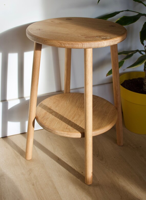 Handmade Round Oak Side Table With Shelf Custom Solid Oak Etsy