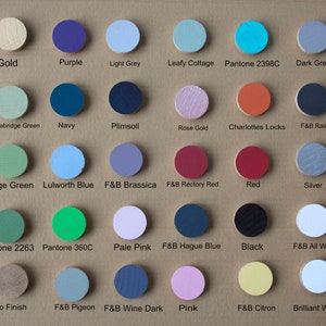 May include: A chart of 20 different paint colors, each color is represented by a small round wooden disc. The colors include gold, purple, light grey, leafy cottage, pantone 2398c, dark grey, f&b yeabridge green, navy, plimsoll, rose gold, charlottes locks, f&b railing, sage green, lulworth blue, f&b brassica, f&b rectory red, red, silver, pantone 2263, pantone 360c, pale pink, f&b hague blue, black, f&b all white, no finish, f&b pigeon, f&b wine dark, pink, f&b citron, and brilliant white.