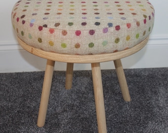 Handmade Solid Oak Round Footstool Upholstered in Abraham Moon Spot Wool Fabric, large ottomans