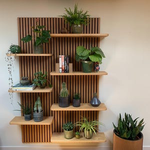 May include: A wall-mounted wooden slat panel featuring multiple light wood shelves holding various potted green plants, books, and decorative items. A large, cylindrical, slatted wooden planter with a snake plant sits on the floor.