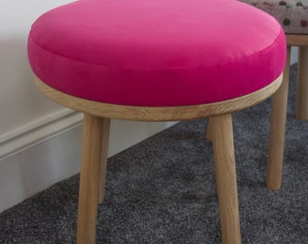 Handmade Round Footstool Upholstered in a Recycled Velvet Fabric: Round Ottoman with Solid Oak Base