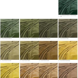 May include: A grid of fabric swatches featuring plush velvet in various shades including hunter green, conifer, vine, avocado, fern, celery, moss, dijon, daffodil, zest, turmeric, caramel, and almond, each labeled with its specific color name.