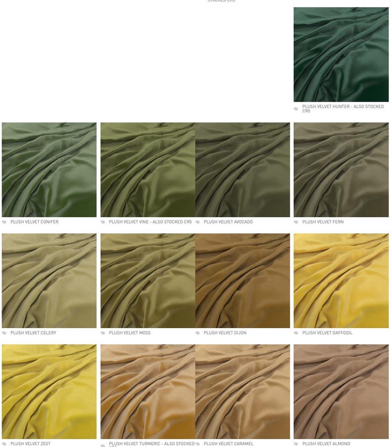 May include: A grid of fabric swatches featuring plush velvet in various shades including hunter green, conifer, vine, avocado, fern, celery, moss, dijon, daffodil, zest, turmeric, caramel, and almond, each labeled with its specific color name.