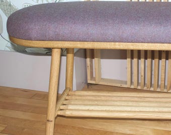 Handmade European Oak Bench: Upholstered Wool Cushion & Dowel Shelf