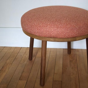 Round footstool finished in Abraham Moon herringbone wool with a padded round cushion and a solid Oak base finished in danish oil, Ottoman