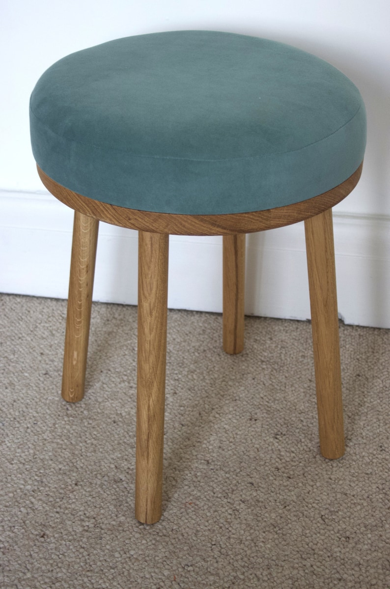 Round Oak and Velvet dressing table Stool upholstered in a Luxury Velvet Fabric 35 Centimeters