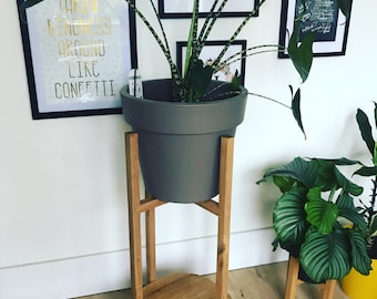 Bespoke Handmade Solid European Oak Tall Plant Pot Stand with Lower Shelf