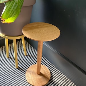 Custom Made Round European Oak Pedestal Table with Tapered Edges: Hardwood Column Side Table