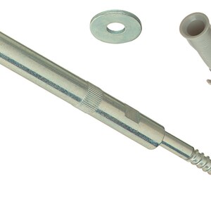 May include: A silver-coloured metal heavy-duty shelf support bolt with a threaded end, a flat circular metal washer, and a grey plastic wall anchor. The bolt features a smooth cylindrical shaft and a textured section for grip.
