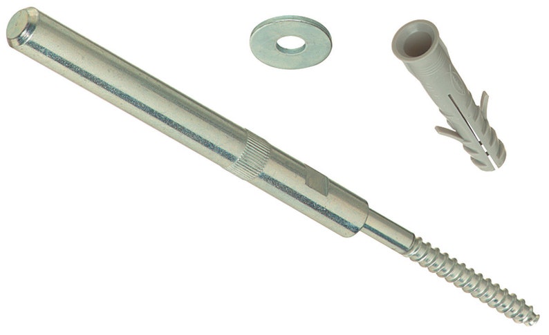 May include: A silver-coloured metal heavy-duty shelf support bolt with a threaded end, a flat circular metal washer, and a grey plastic wall anchor. The bolt features a smooth cylindrical shaft and a textured section for grip.