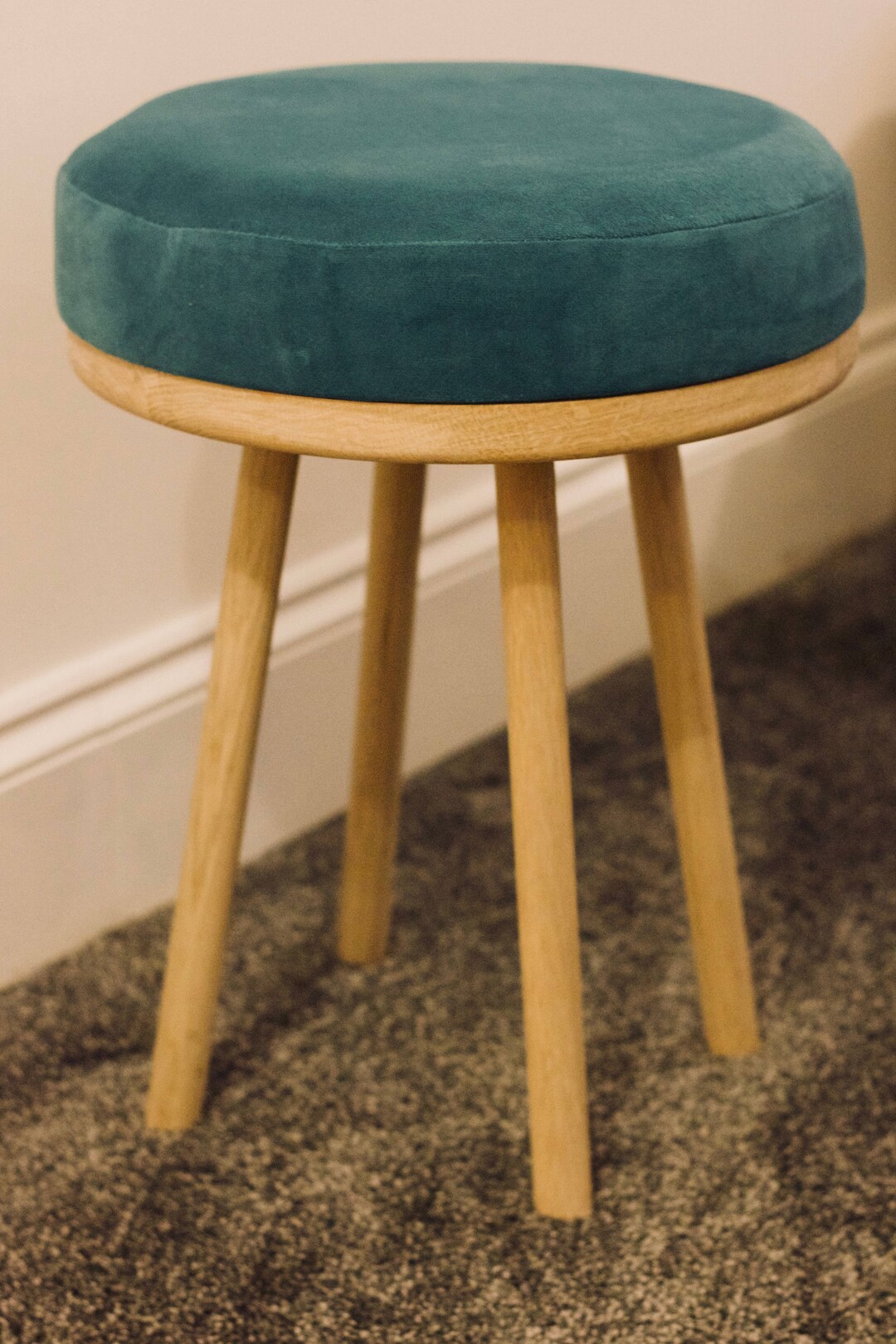 Oak and Velvet Dressing Table Stool With Four Turned Legs, Custom Made
