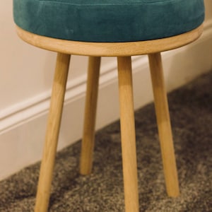 Oak and velvet dressing table stool with four turned legs, custom made timber stools with upholstered padded cushion and velvet fabric