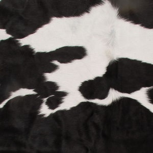 May include: A close-up of a cowhide rug with a distinctive black and white pattern. The natural hide features irregular black patches against a white background, creating a striking contrast. The texture of the fur is visible.