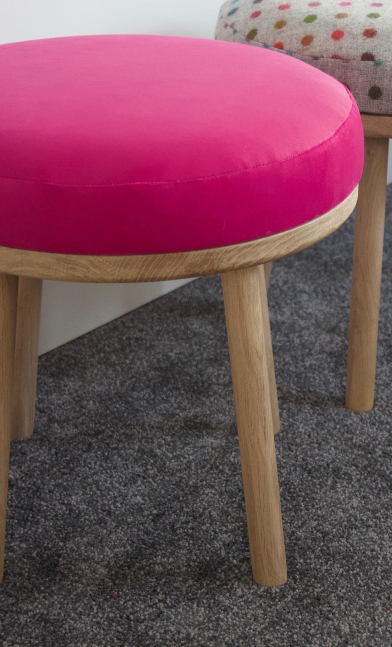 Round Oak and Velvet dressing table Stool upholstered in a Luxury Velvet Fabric image 12