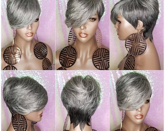 WIG Pixie Cut Layered Swoop Bang Style Short Hair Wig Fashion Salt Pepper Grey Gray Hair Wig