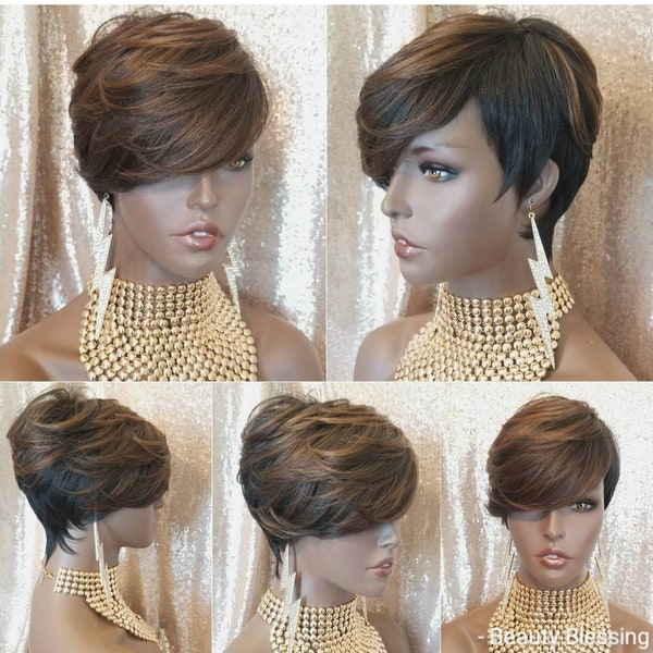 WIG Pixie Cut Layered Swoop Bang Style Hair Cut Wig Brown Auburn Hair Wig