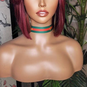 Burgundy Bob Wig: Remy Human Hair, Swoop Bangs, Full Cap